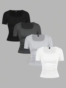 SHEIN EZwear 4件套休闲纯色圆领短袖T恤，黑色、白色、灰色可选，适合秋夏季节穿着，尺码齐全。 - 彩色 - 查看 1
