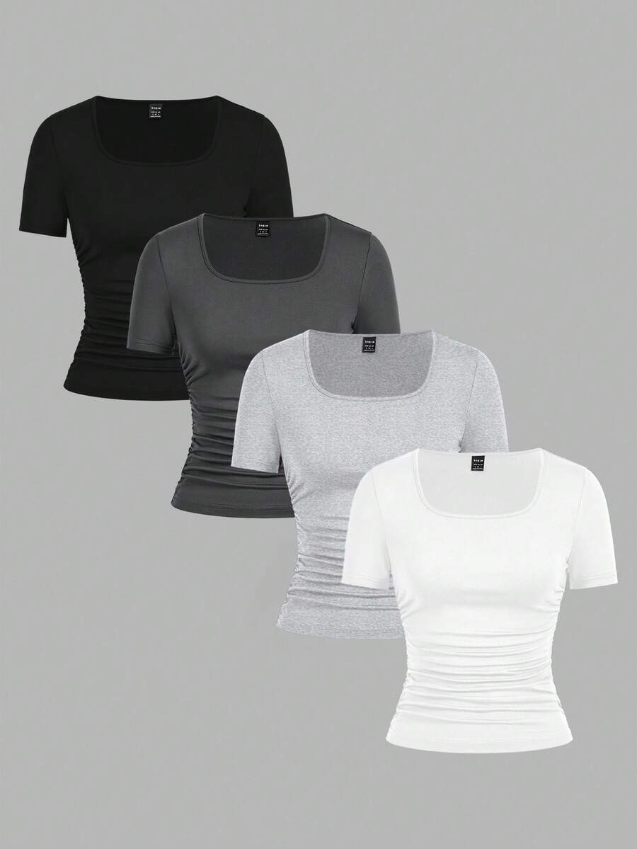 SHEIN EZwear 4件套休闲纯色圆领短袖T恤，黑色、白色、灰色可选，适合秋夏季节穿着，尺码齐全。 - 彩色 - 查看 1