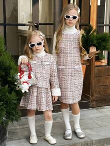 SHEIN Elladie kids 年轻女孩可爱蓬松白色袖口粉色闪光胸袋夹克搭配百褶运动裙套装 - 粉色 - 查看 3