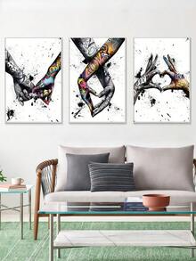 SHEIN 3件套涂鸦牵手帆布画 - 抽象画，适用于客厅墙面装饰和情侣礼物，不含画框 - 彩色 - 查看 2