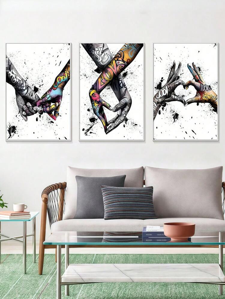 SHEIN 3件套涂鸦牵手帆布画 - 抽象画，适用于客厅墙面装饰和情侣礼物，不含画框 - 彩色 - 查看 2