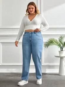 SHEIN Cottnline 100%Cotton Plus Size Water Washed Mom Style Jeans Mom Jeans - Medium Wash - View 3