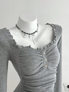 Elamini 1 chiếc áo thun nữ màu xám, cổ vuông có bèo nhún, dệt kim gân, co giãn, phù hợp cho mặc hàng ngày, đi làm, mùa tựu trường. - Xám - Xem 6