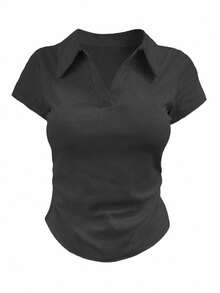 INAWLY Women's Casual Solid Color Polo Collar Short Sleeve T-Shirt, Summer - Navy Blue - View 3