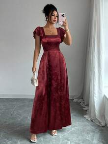 Elenzga 女式方领荷叶边袖收腰连衣裙，下摆开衩，绿色提花面料，通勤、日常、伴娘、舞会、毕业典礼等场合皆宜，舒适时尚，魅力十足 - 酒紅色 - 查看 5