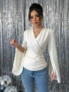 Rafferiza 女士纯色褶皱 V 领长袖休闲衬衫