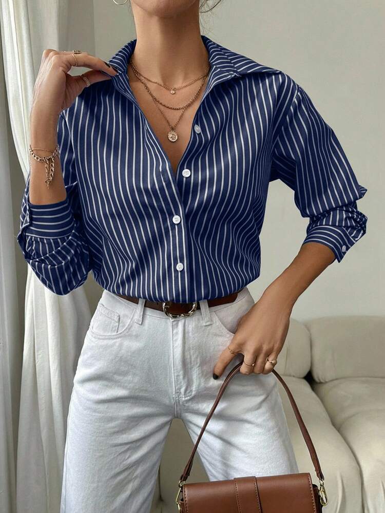 EURMUSE Minimalist Striped Business Casual Commuter Versatile Long Sleeve Women Shirt Blue Striped Shirt Blue And White Shirt Office Blouses For Women Office Shirts For Women Business Casual Women Shirts - Navy Blue - View 6