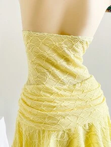 Soleia Women's Holiday Soft Yellow Textured Knit Draped Neck Metal Decor Shoulder Strap Swing Hem Double Layer Metal Button Closure Fitted Mini Dress, Sexy Slim Fit Fashion For Party, Date, Valentine's Day, Western, Cruise, Holiday, Beach, Music Festival, Boho Vacation Butter Yellow Dress Yellow Mini Dress Love And Lemonade Dress Yellow Vacation Dress Yellow Dress Summer Love And Lemonade Dresses Halter Neck Dress For Woman Yellow Sundress Women Yellow Halter Dress - Light Yellow - View 4