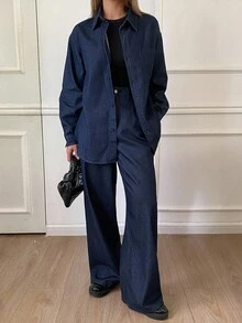 DAZY 女士休闲宽松衬衫和牛仔裤套装，秋季 - 藏蓝色 - 查看 1