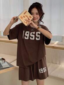 DAZY 2 件套女士印花宽松休闲短袖睡衣套装 - 棕色 - 查看 6