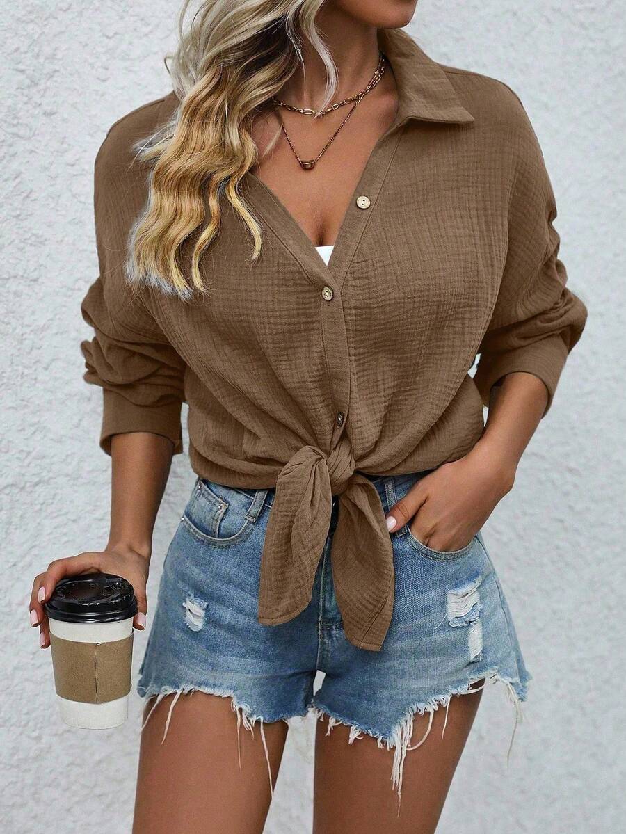 EMERY ROSE Women's Casual Loose Fit Drop Shoulder Long Shirt, Solid Color, Versatile, Spring/Autumn - Coffee Brown - View 1