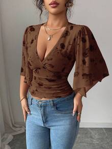 Elenzga Áo thun tay loe in hoa thanh lịch dành cho nữ, mùa hè - Cà phê nâu - Xem 5