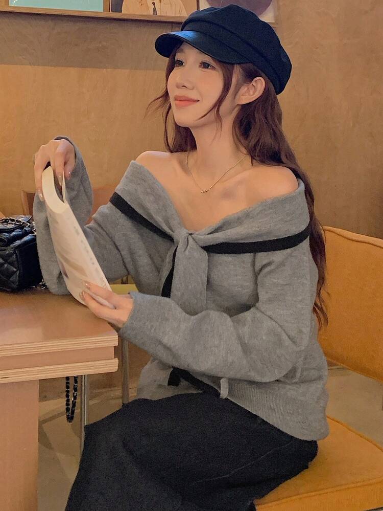 Women's Casual Loose Fit Colorblock Off-Shoulder Pullover Knit Sweater, Fashionable & Minimalist, Suitable For Autumn & Winter Cute Tops
