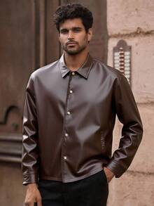 HIMLAND Men's Loose Fit Drop Shoulder Short Leather Jacket Brown, Fall, Winter