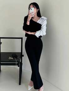 DAZY 女式撞色拼布不对称设计套头衫，春秋 - 黑色 - 查看 4