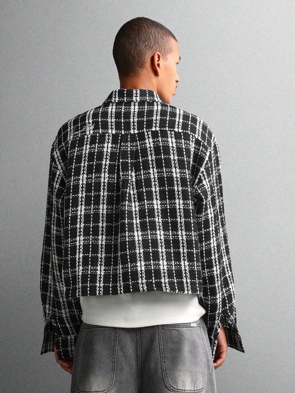Tweed-Shacket mit Karomuster, Knopfleiste vorne und Pattentaschen