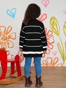 少女彩色条纹宽松休闲开衫毛衣，秋冬 - 黑色 - 查看 2