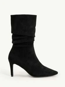 CUCCOO CHICEST Giày bốt cao đến giữa bắp chân bằng nhung giả da lộn màu đen cổ điển thoải mái, kiểu dáng mới thu/đông, xếp ly, mũi nhọn, thanh lịch, dễ phối đồ, phù hợp cho các buổi hẹn hò, công sở, Halloween, Giáng sinh, Lễ tạ ơn, đa năng - màu đen - Xem 8