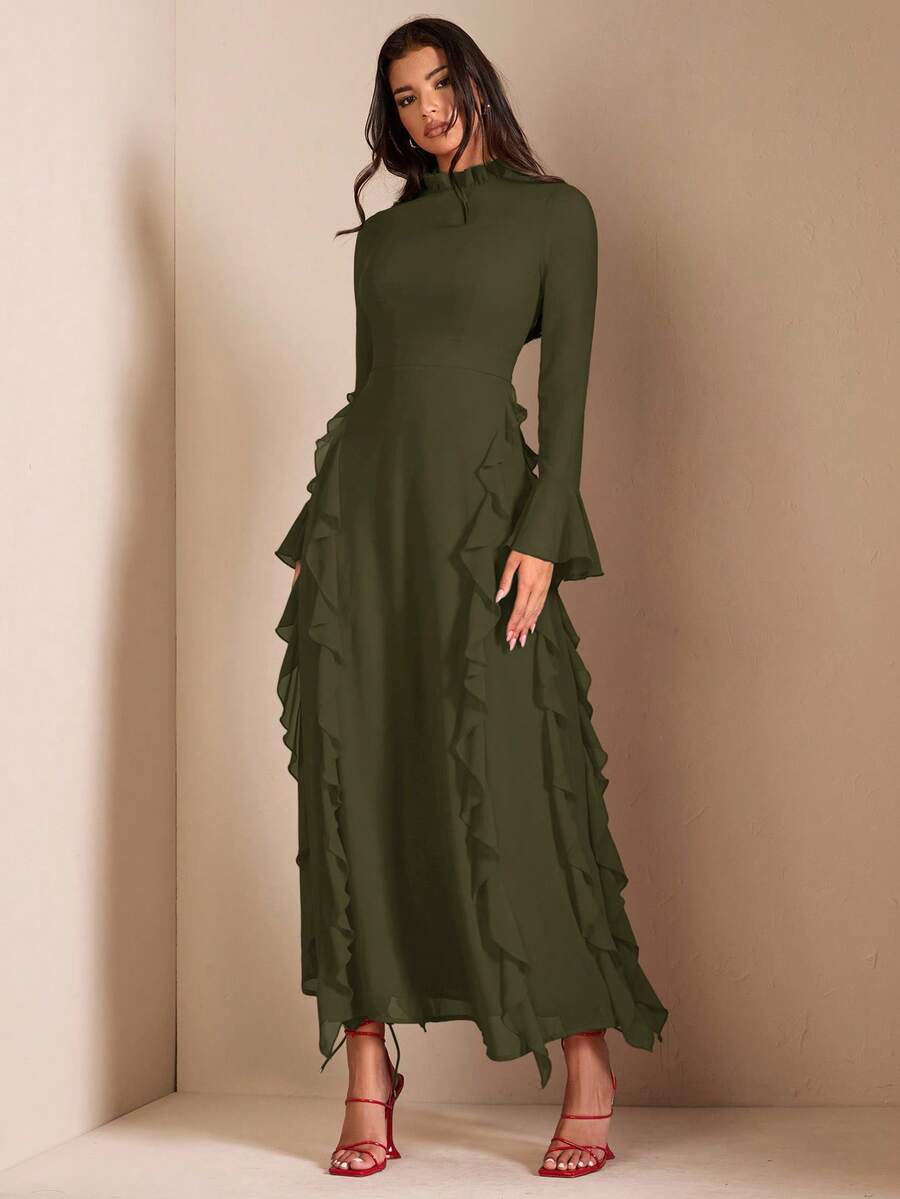 SHEIN BAE 女士优雅红色长袖高领荷叶边下摆连衣裙,适合约会、庆典 - 軍綠色 - 查看 1