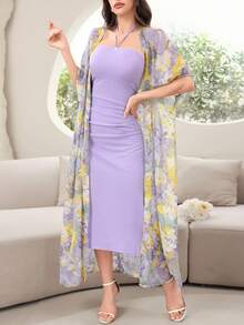 Modelyn Damski letni kardigan z kwiatowym nadrukiem w kształcie skrzydeł nietoperza i dopasowana sukienka typu halter, elegancki zestaw 2 strojów, 2 częściowy