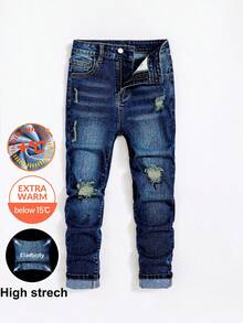 Calça Denim Skinny Elástica com Forro de Fleece Quente, Azul Escuro, Estilo Y2K Vintage, Casual de Inverno para Escola e Volta às Aulas, para Meninos Pré-Adolescentes, Uso Diário no Outono - Azul - Visão 1