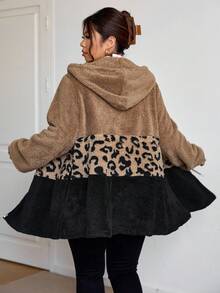 SHEIN Essnce Plus Size Casual Color Block Leopard Print Drawstring Hooded Jacket, Autumn/Winter Brown Jacket Women Brown Hoodie