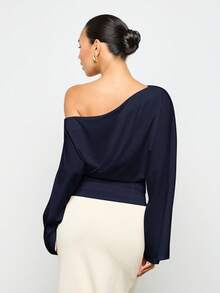 AiiRZ 棉质超大露肩蝙蝠袖束身衣上衣垂坠晚会场合衬衫优雅蝙蝠袖合身腰部个性单品戏剧性设计时尚上衣 - 藏蓝色 - 查看 2