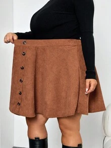 SHEIN CURVE+ Chân váy chữ A tối giản màu trơn cỡ lớn cài nút phía trước, mặc thường ngày - màu nâu - Xem 4