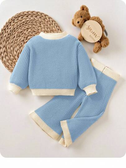 SHEIN 2pcs Baby Girl Colorblock Sweater Top And Elastic Waist Loose Knit Pants Set, Autumn/Winter Fall