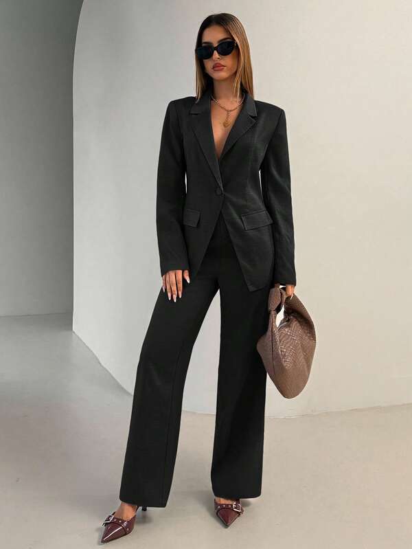 Aloruh Women's Solid Color Blazer And Pants Suit, Fashionable For Commuting Summer Clothes Teachers' Day Office Black Business Casual Classy Elegant