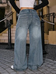 SHEIN ICON 大码休闲日常破洞阔腿牛仔裤，带斜口袋 - 藍色 - 查看 2