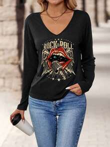 EMERY ROSE Camiseta casual versátil para festival de música de inverno, lábios vermelhos, asas, instrumento, padrão de festival de música country, minimalista, gola V, manga comprida, para mulheres, adequada para outono/inverno - Multicolorido - Ver 3