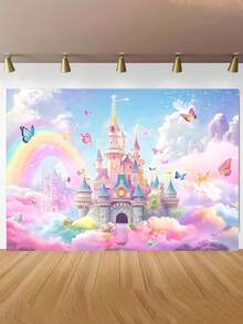 SHEIN 1 Fundal floral de primăvară – Design fluture și castel, fibră de poliester durabilă, ideal pentru evenimente de duș pentru adolescenți și recuzită pentru cabină foto, recuzită pentru studio foto - Multicolor - Vizualizare 1