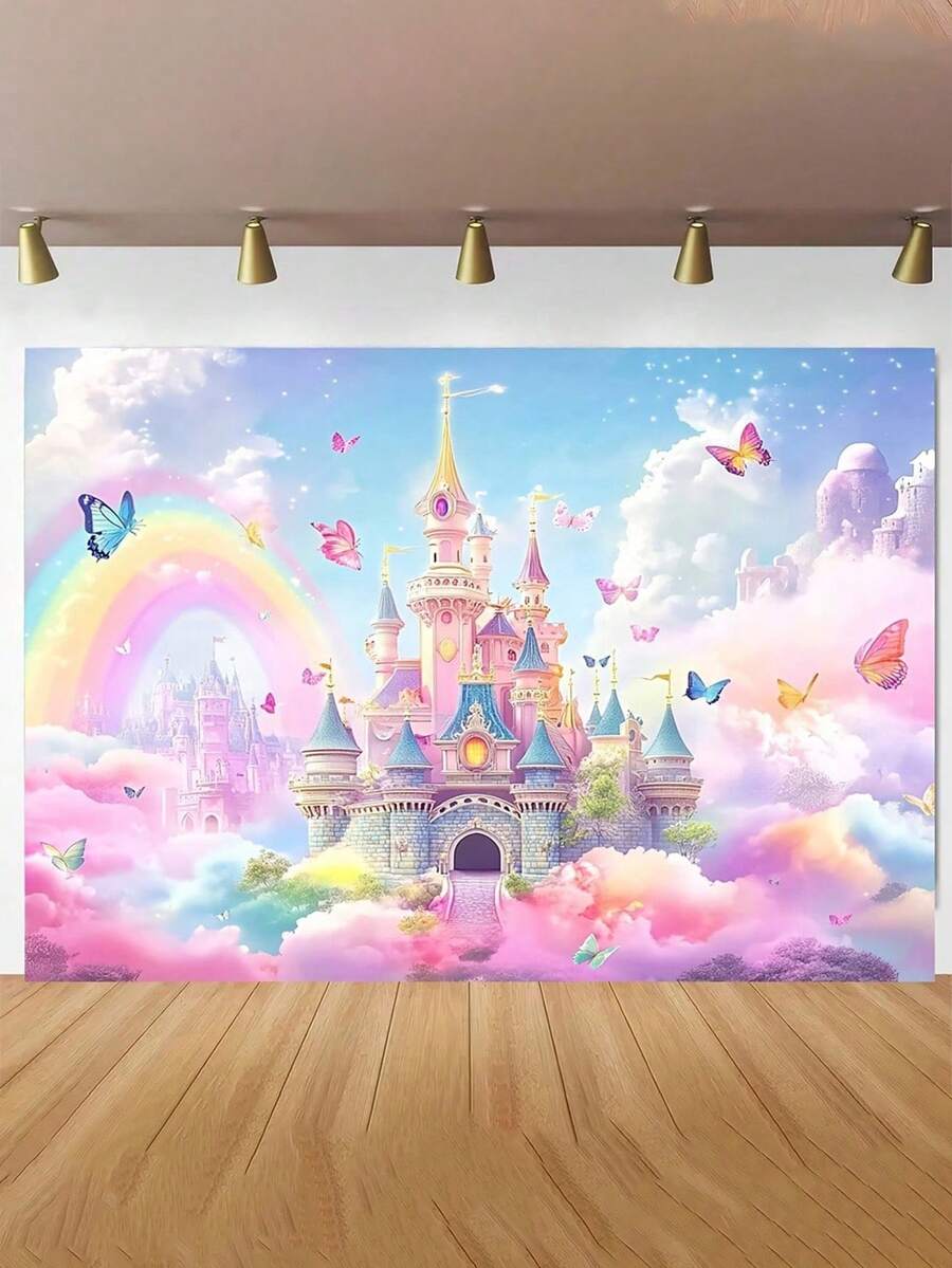 SHEIN 1 Fundal floral de primăvară – Design fluture și castel, fibră de poliester durabilă, ideal pentru evenimente de duș pentru adolescenți și recuzită pentru cabină foto, recuzită pentru studio foto - Multicolor - Vizualizare 1