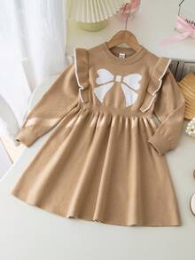 SHEIN 优雅荷叶边圆领休闲连衣裙 - 駝色 - 查看 1