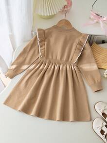 SHEIN 优雅荷叶边圆领休闲连衣裙 - 駝色 - 查看 2