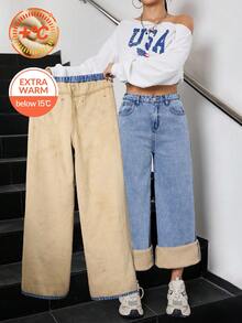SHEIN Spodnie dresowe dla nastolatek z prostym, przecieranym denimem, z podszewką termiczną i luźnym krojem, ciepłe ubrania na jesień/zimę, codzienne jeansy z wysokim stanem, uniwersalne jeansy z szerokimi nogawkami Y2k, stroje nauczycielskie dla dziewcząt, stroje do szkoły dla dziewcząt, sukienki do kościoła, biznesowe, casualowe stroje dla dziewcząt, jeansowa sukienka cargo, luźne spodnie dla dziewcząt na jesień i zimę, jeansy z wysokim stanem i długimi, szerokimi nogawkami dla nastolatek, styl uliczny, jeansy z podszewką termiczną, ciepłe jeansy, luźne jeansy, luźne jeansy