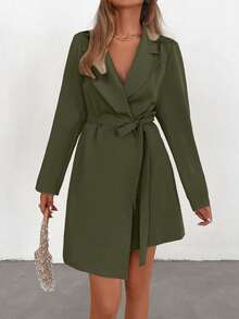 EURMUSE 简约纯色长袖腰系带连衣裙，适合商务/通勤 - 軍綠色 - 查看 5