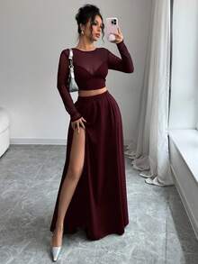 Chiquease 2 件女式网眼拼布 T 恤和长裙套装，极简性感装扮，适合度假、情人节、音乐节、返校、日常穿着、春夏季，长袖 - 酒紅色 - 查看 4