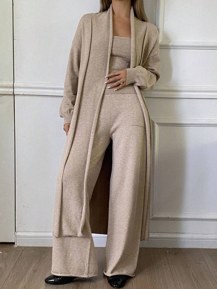 Women's Solid Color Elegant Cardigan & Camisole With Long Pants 2 Pieces Knit Set, Autumn