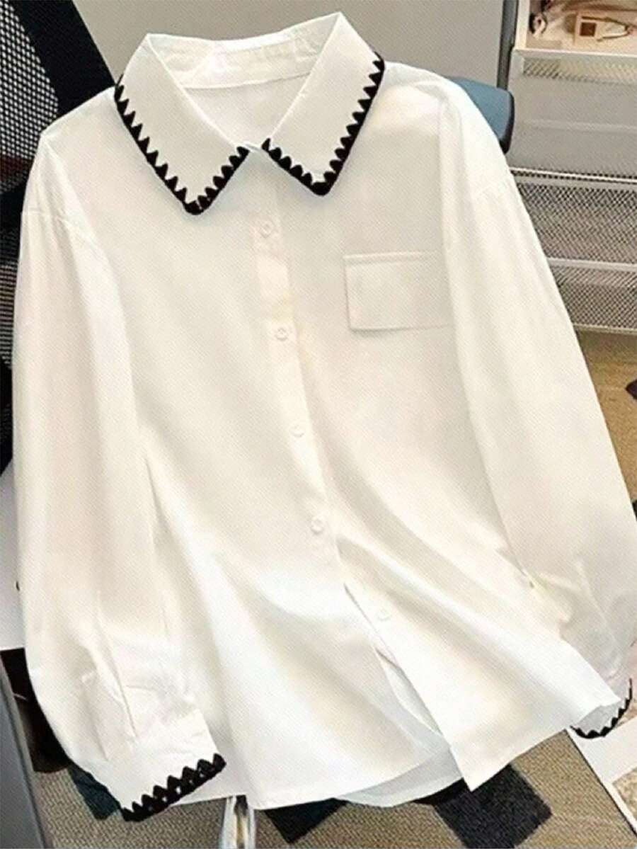 SHEIN LUNE Áo sơ mi dài tay đơn hàng thường ngày họa tiết hoa cỡ lớn cho nữ - Màu be - Xem 1