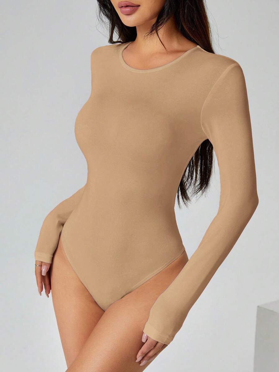 SHEIN PETITE Solid Long Sleeve Slim Fit White T-Shirt Bodysuit