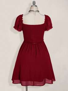 SHEIN ICON Váy babydoll dáng chữ A tay bồng cổ chữ V cỡ lớn, váy gợi cảm cổ điển Y2K, kỳ nghỉ hè, quần áo mùa tốt nghiệp trở lại trường, quần áo mùa hè - Màu Đỏ Sâu - Xem 2