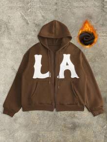 INAWLY SHEIN Bubbli 女式休闲洛杉矶贴片抽绳连帽运动衫，秋冬 - 棕色 - 查看 1