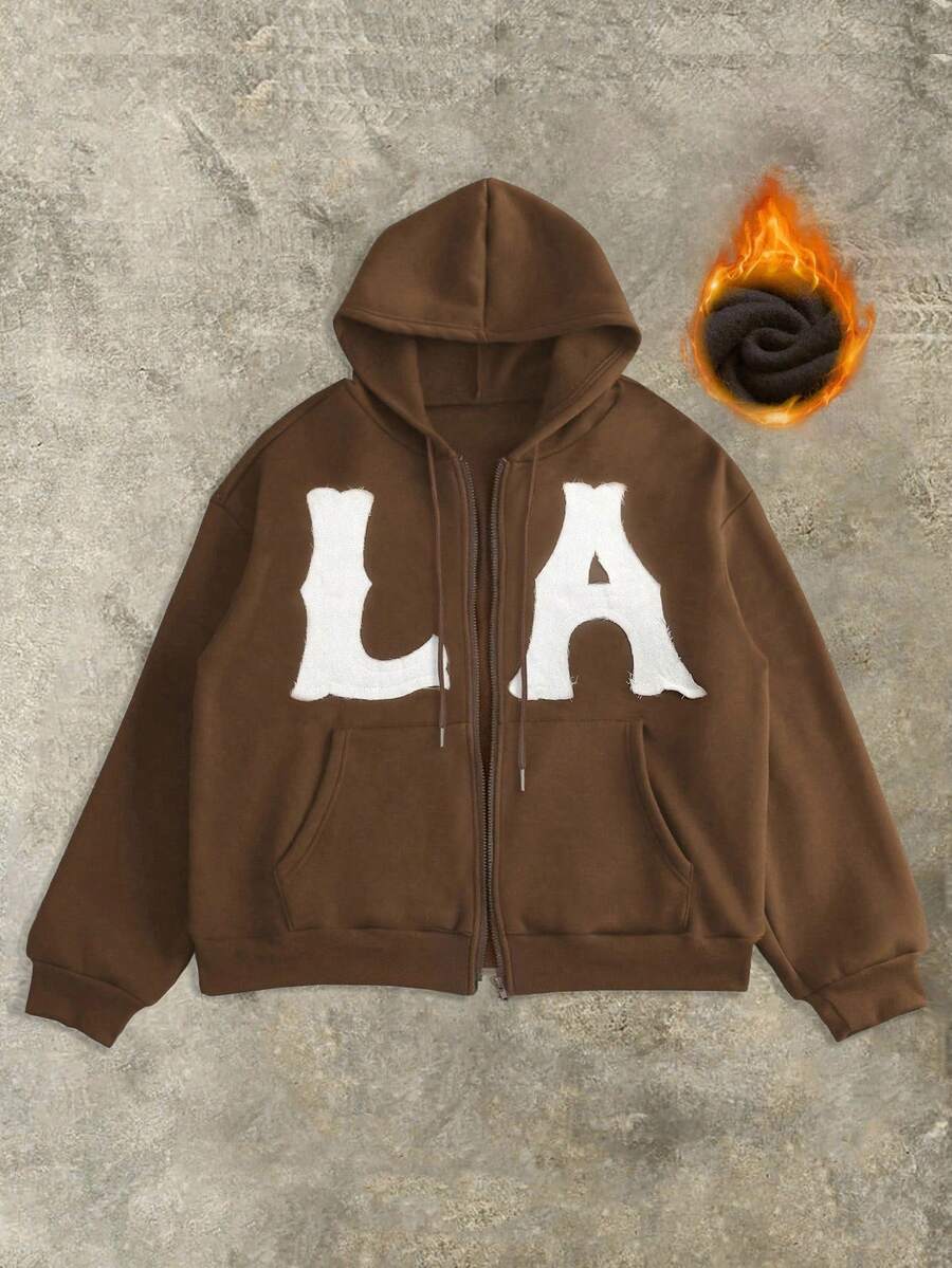 INAWLY SHEIN Bubbli 女式休闲洛杉矶贴片抽绳连帽运动衫，秋冬 - 棕色 - 查看 1