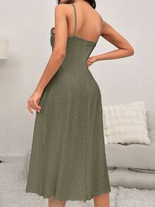 SHEIN Ladies' Solid Color Simple Everyday Pajama Set, Fall Winter Clothes - Olive Green - View 3