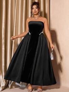 Cravure Váy Maxi dự tiệc màu đen không dây bằng vải nhung satin cỡ lớn dành cho nữ, váy dạ hội trang trọng - màu đen - Xem 6