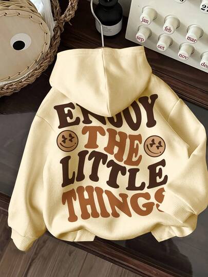 SHEIN EZwear Casual Minimalist Enjoy Smiling Face Print Hooded Long Sleeve Loose Fit Women Sweatshirt, Autumn/Winter,Fall