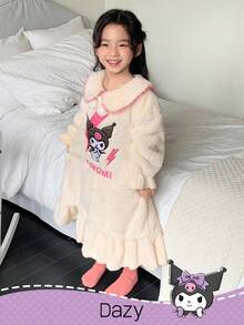 DAZY HELLO KITTY AND FRIENDS | SHEIN 少女冬季卡通刺绣彼得潘领睡衣套装，秋冬 - 米色 - 查看 3