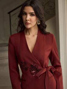 ZEYLAH Chaqueta blazer de mujer con mangas largas, unicolor, con decoración de lentejuelas florales y lazo lateral, para otoño - Rojo - Ver 7